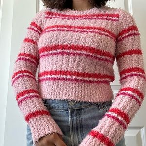 pink red and white fuzzy striped sweater